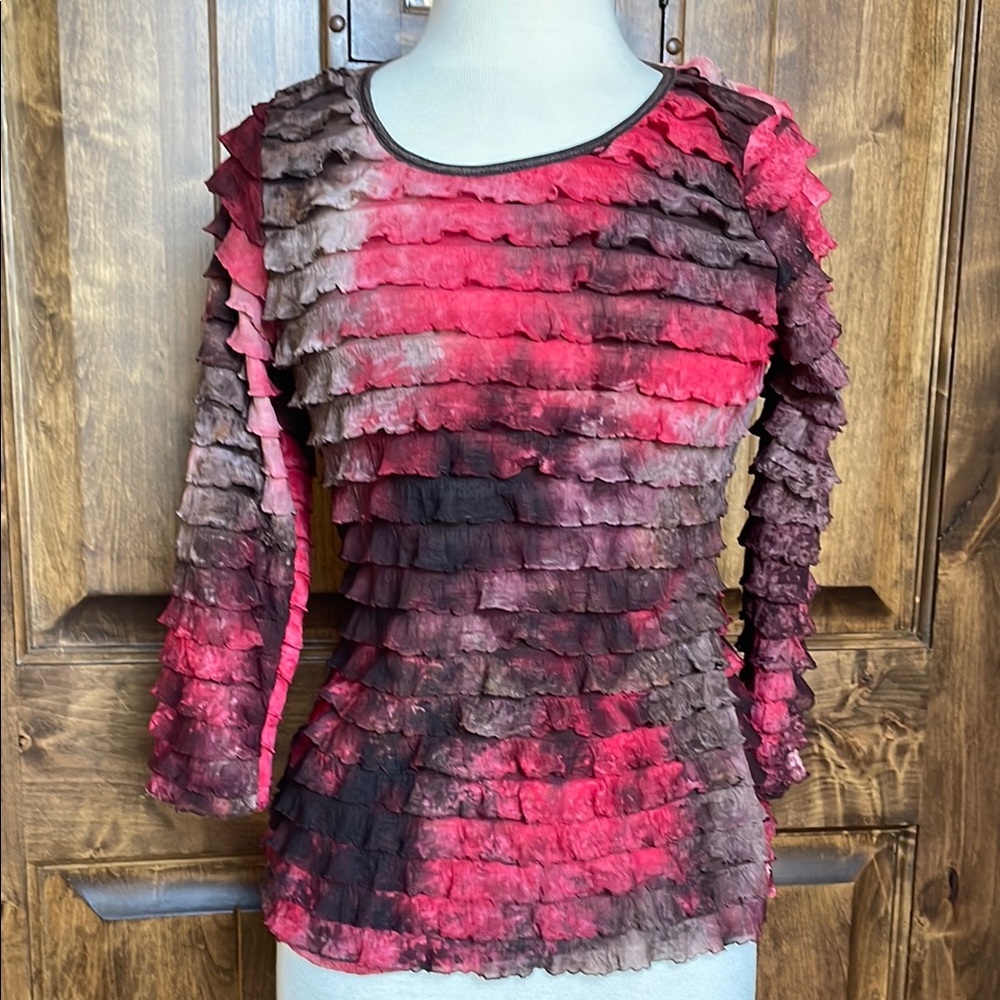 Women's Ruffled Top in Red and Brown
